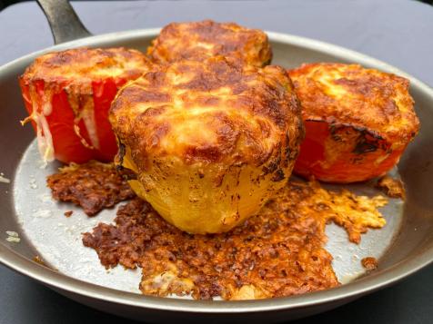 Stuffed Peppers with Eggplant and Cheesy Rice