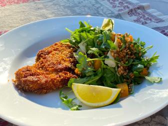 Chicken Milanese and Butternut Squash and Farro Salad, as seen on Symon's Dinners Cooking In, Season 1.