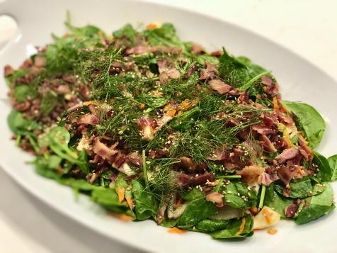Warm Bacon and Spinach Salad with Miso Dressing
