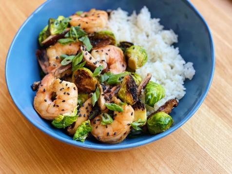 Cast-Iron Skillet Brussels Sprouts with Shrimp and Mushrooms