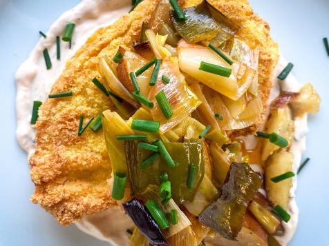 Cornmeal-Crusted Chicken with Horseradish Sauce and Pears