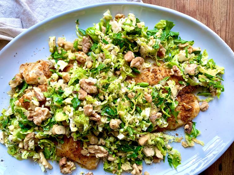 Baked Fish with Shaved Brussels Sprout Salad Recipe Megan Mitchell Food Network