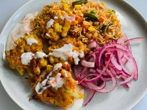Cauliflower Fritters with Carrot Raita and Veggie Rice