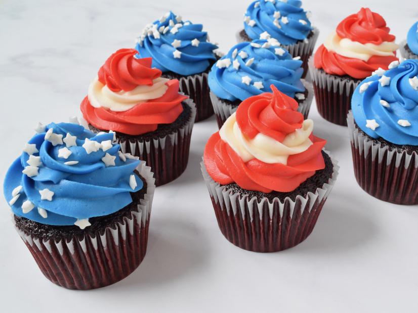 Dan Langan makes Red, White, Blue, Red Velvet Cupcakes on Holiday Baking All Year Round with Dan Langan as seen on Food Network Kitchen..