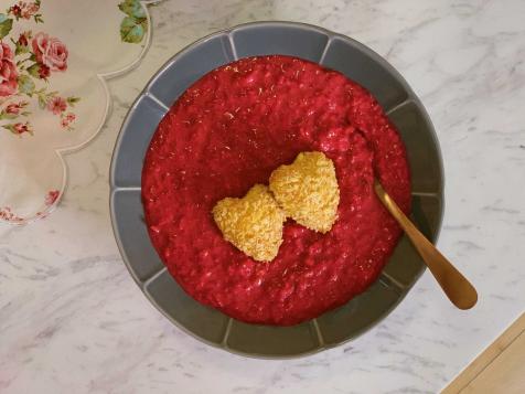 Pink Beet Risotto with Crispy Goat Cheese Medallions
