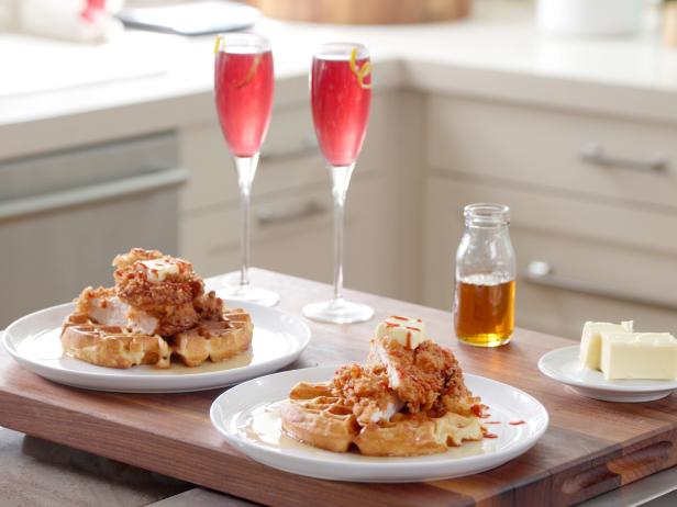 Sriracha Chicken and Waffles with Hibiscus French 75, as seen on Jet and Ali Date Night, Season 1.