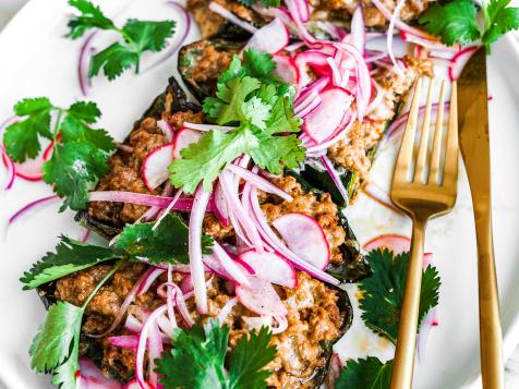 Sausage and Cheese-Stuffed Poblano Peppers with Quick-Pickled Red Onions and Radishes