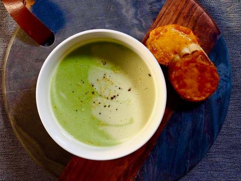 Broccoli and Cauliflower Gazpacho with Cheesy Croutons