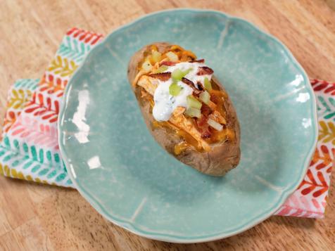 Buffalo Chicken Stuffed Baked Potato with Lime Sour Cream and Quick Pickled Celery