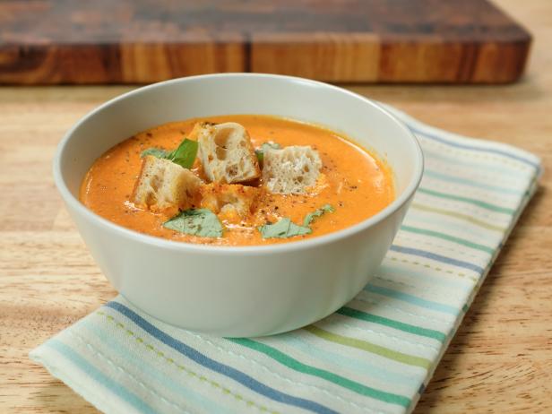 Roasted Tomato Soup With Parmesan Croutons Recipe Food Network