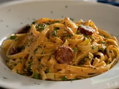 Cajun Fettuccine Alfredo with Andouille as seen on Valerie's Home Cooking, DTC 15.