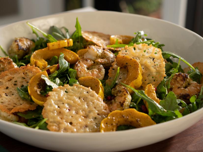 Delicata Squash and Arugula Salad with Pesto Shrimp and Parmesan Frico as seen on Valerie's Home Cooking, DTC 14.