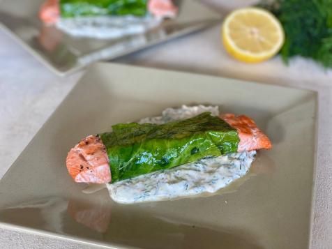 Salmon Wrapped in Collard Greens with Walnut-Yogurt-Dill Sauce