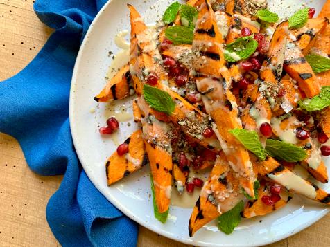 Grilled Sweet Potato Salad with Tahini and Pomegranate Seeds