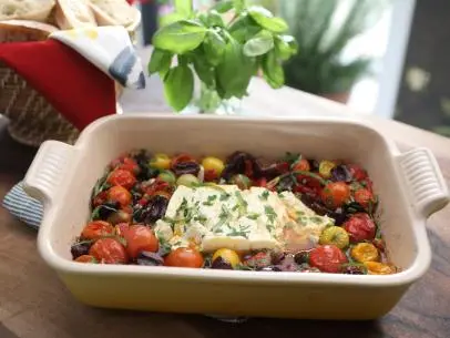 Herby Baked Feta Dip with Tomatoes, Peppers and Onions as seen on Valerie's Home Cooking, DTC 14.