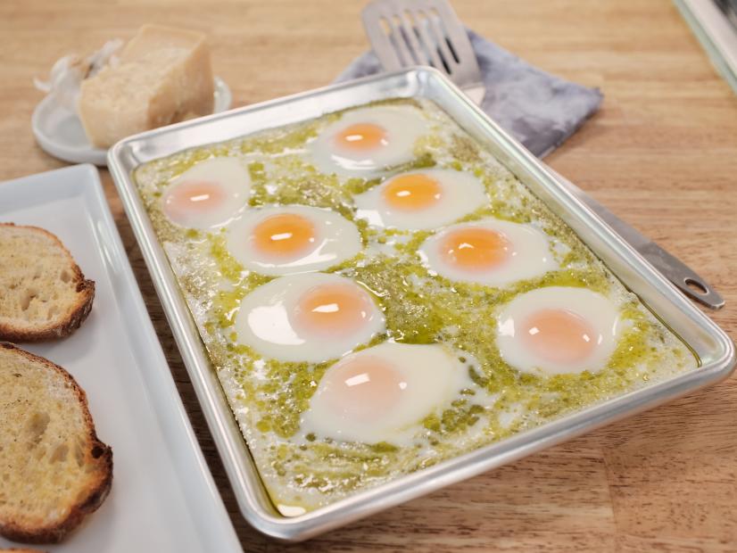 Megan Hysaw makes Sheet Pan Pesto Fried Eggs, as seen on Breakfast to Dessert on a Sheet Pan, on Food Network Kitchen.