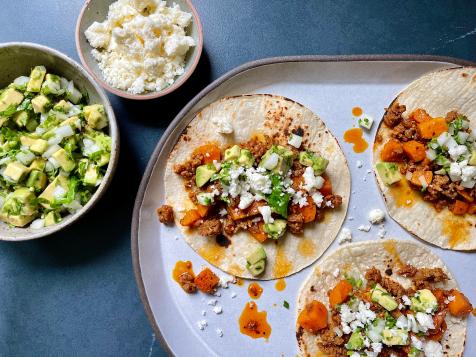 Chorizo and Sweet Potato Tacos with Avocado Salsa