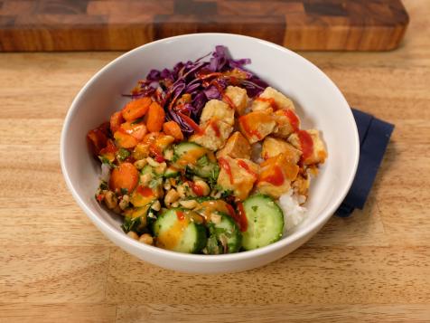 Vegan Tofu Bowls with Coconut Rice, Cucumber Salad and Peanut Sauce