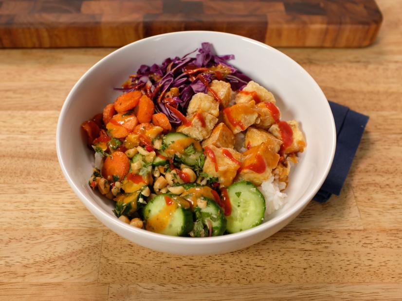 Megan Hysaw makes Vegan Tofu Bowls with Coconut Rice, Cucumber Salad and Peanut Sauce, as seen on Vegan 101 with Megan Hysaw on Food Network Kitchen.