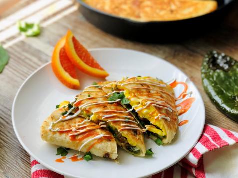 Breakfast Quesadilla with Maple Sausage and Charred Poblanos