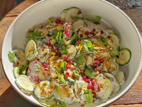 Raw Zucchini Salad with Mint, Pomegranate and Lemon-Yogurt Dressing