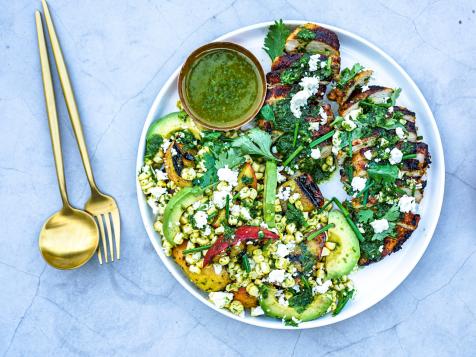 Grilled Chicken Breasts with Grilled Peach, Corn and Avocado Salad