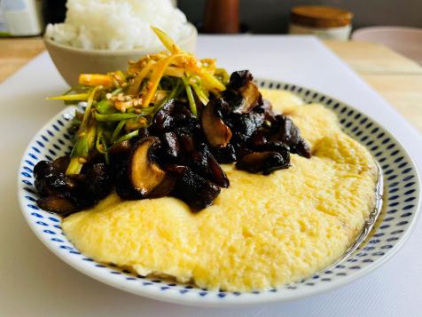 Chinese Steamed Egg with Soy Glazed Mushrooms and Scallion Salad