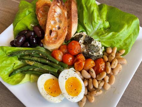 Greens and Beans Salad with Baked Goat Cheese and Jammy Eggs