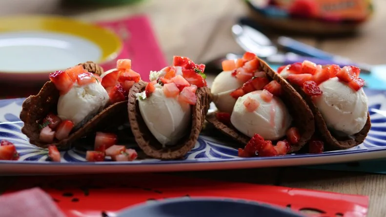 Neapolitan Dessert Tacos as seen on Valerie's Home Cooking, Season 9.