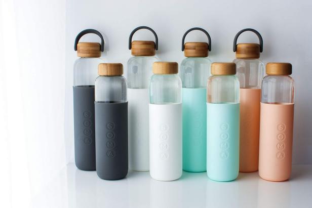 Soma Glass Water Bottle w/ Gray Silicone Sleeve 17 oz Hydrate Soma -custom