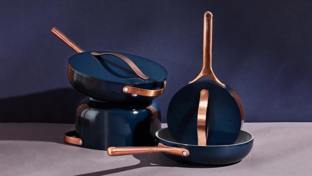 Caraway Non-Toxic and Non-Stick Cookware Set in Emerald with Copper Handles