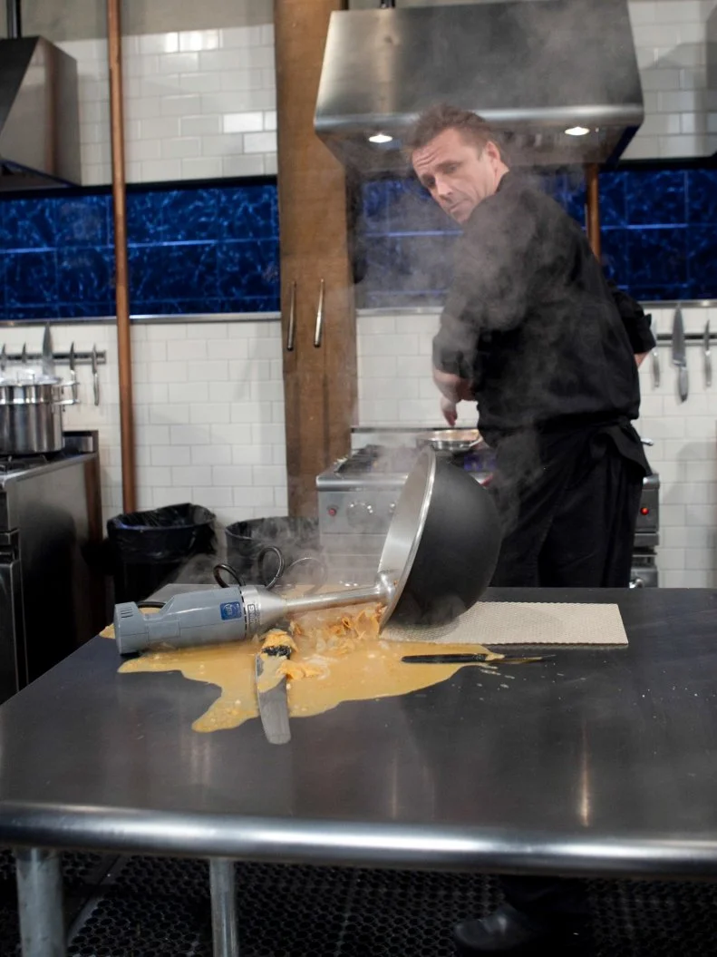 Chopped: After Hours chef Marc Murphy has a mixer issue while working on his appetizer that must include: pickled pigs feet, butter beans, coleslaw mix and sweet potato chips, as seen on Food Network's Chopped: After Hours.