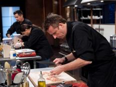 Chopped: After Hours chefs: Aaron Sanchez, Maneet Chauhan and Marc Murphy working on their appetizer that must include: pickled pigs feet, butter beans, coleslaw mix and sweet potato chips, as seen on Food Network's Chopped: After Hours.