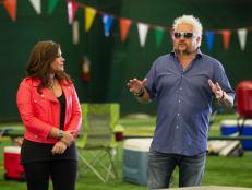 Guy Fieri, Rachael Ray introduce the challenge to their teams, as seen on Food Network's Rachael vs. Guy: Celebrity Cook-off, Season 3.
