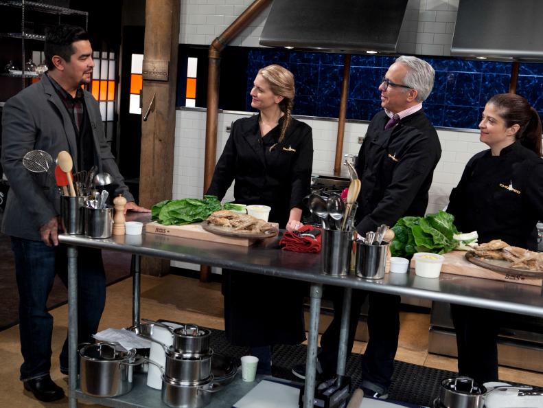 Chopped: After Hours host Aaron Sanchez talks to chefs: Amanda Freitag, Goeffrey Zakarian and Alex Guarnaschelli, as seen on Food Network's Chopped: After Hours.
