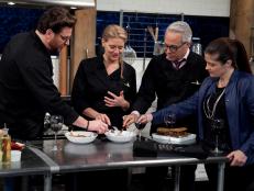 Chopped: After Hours host Alex Guarnaschelli and chefs: Scott Conant, Amanda Freitag and Geoffrey Zakarian taste and judge each others food, as seen on Food Network's Chopped: After Hours.