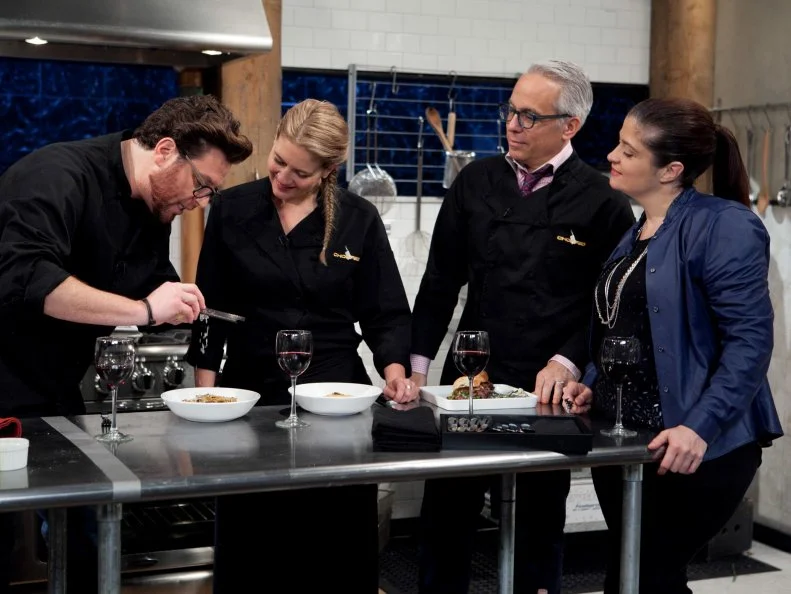 Chopped: After Hours host Alex Guarnaschelli and chefs: Scott Conant, Amanda Freitag and Geoffrey Zakarian taste and judge each others food, as seen on Food Network's Chopped: After Hours.
