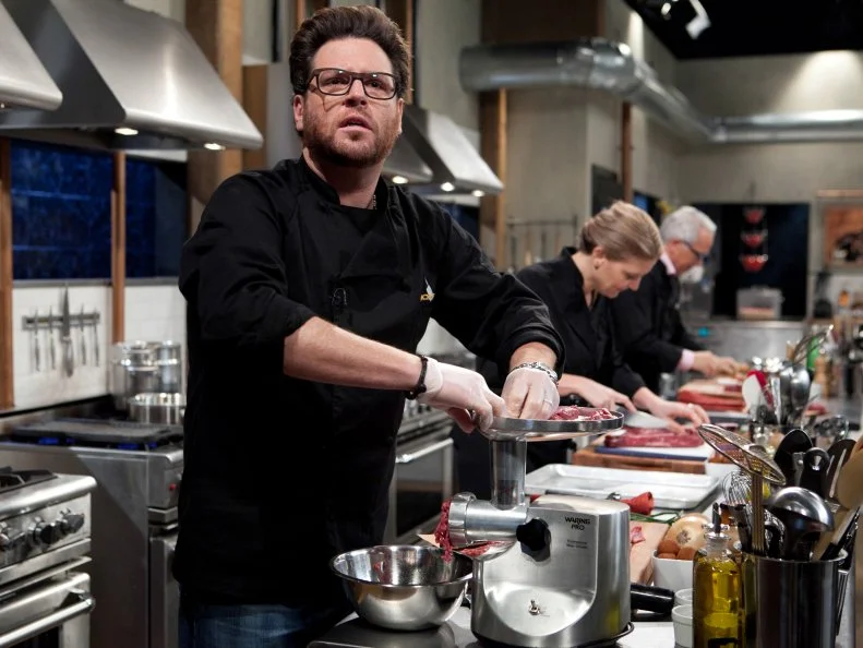 Chopped: After Hours chefs: Scott Conant, Amanda Freitag and Geoffrey Zakarian work on their entrees that must include: tikka masala sauce, Asian long beans, hanger steak and croquettes, as seen on Food Network's Chopped: After Hours.