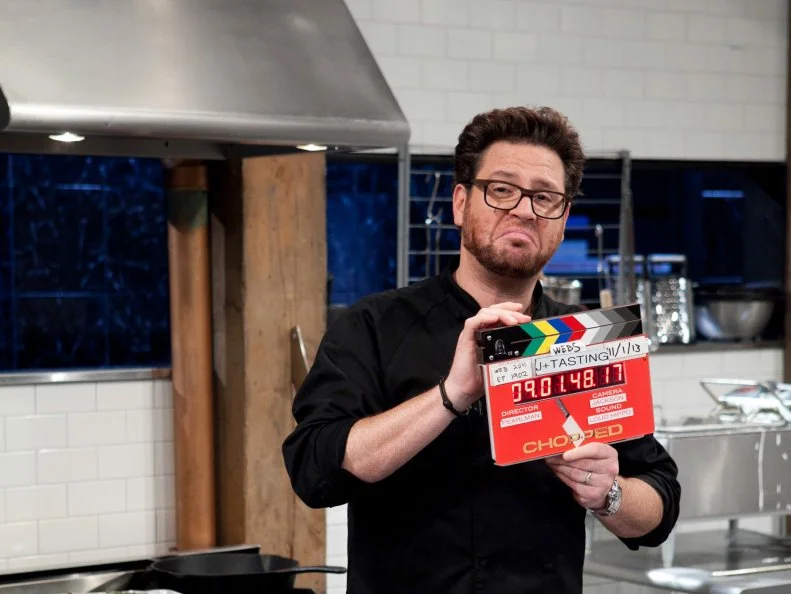 Chopped: After Hours chef Scott Conant gives the cameras a "celebrity slate", as seen on Food Network's Chopped: After Hours.