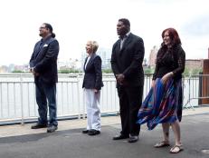 Penn Jillette and Florence Henderson of Team Rachael stand with Herschel Walker and Tiffany of Team Guy while they listen to Guy and Rachael announce the challenge to their teams, a tasting menu to be served to a panel of chefs, as seen on Food Networkâ  s Rachael Vs. Guy: Celebrity Cook-Â­off, Season 3.