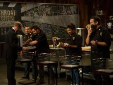 Host Alton Brown gives chefs Eric Greenspan, Marcel Vigneron, Aarti Sequeira, and Fabio Viviani their initial 50k dollars during the Superstar Sabotage Tournament Finale, as seen on Food Network's Cutthroat Kitchen, Season 5.