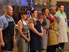 Contestants David Bondarchuck, Erin Campbell, Naylet Larochelle, Terra Nelson, Dante Marasco and Bill Lipscomb nervously await the judges results of the winner of the Itâ  s not the Holidays without Pie! preheat challenge as seen on Food Networkâ  s Holiday Baking Championship,Season 1