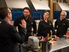 Chopped After Hours host Ted Allen discusses the mystery ingredients with chefs: Scott Conant, Amanda Freitag and Geoffrey Zakarian, as seen on Food Network's Chopped After Hours, Season 22.