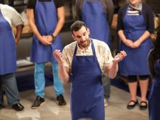 Blue Team members, Jason and Kortni, during elimination, as seen on Food Networkâ  s Worst Cooks in America, Season 6.
