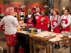 Host Anne Burrell addresses her team on set as seen on Food Networkâ  s Worst Cooksin America, Season 5.