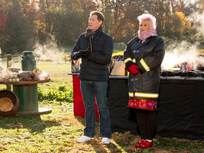 Hosts Anne Burrell and Bobby Flay on Cherry Grove Farm as seen on Food Networkâ  s Worst Cooksin America, Season 5.