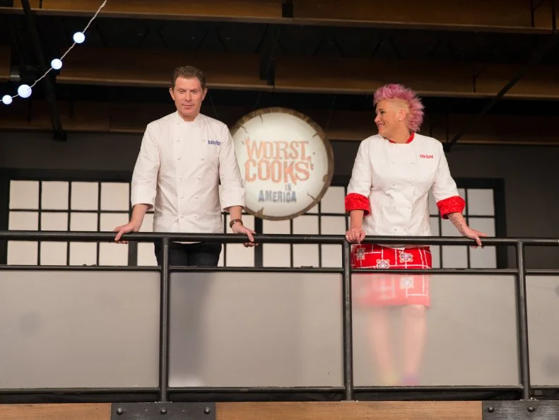 Hosts Bobby Flay (l) and Anne Burrell as seen on Food Networkâ  s Worst Cooksin America, Season 5.