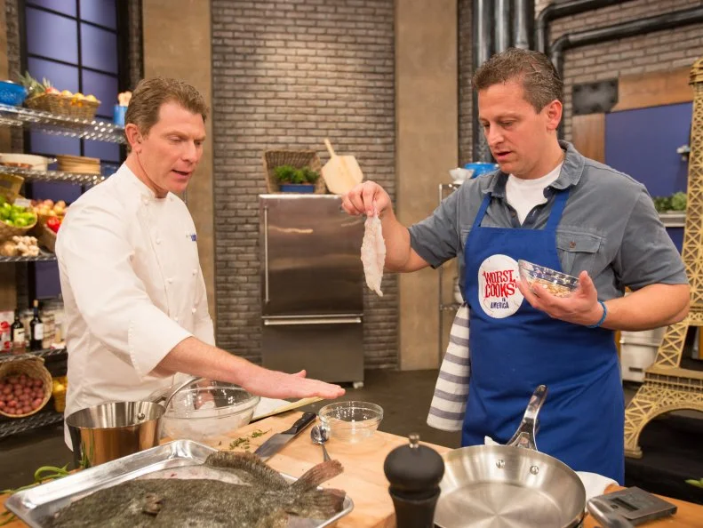 Host Bobby Flay scolds contestant Daniel Beyda cooks as seen on Food Networkâ  s Worst Cooks in America, Season 5.