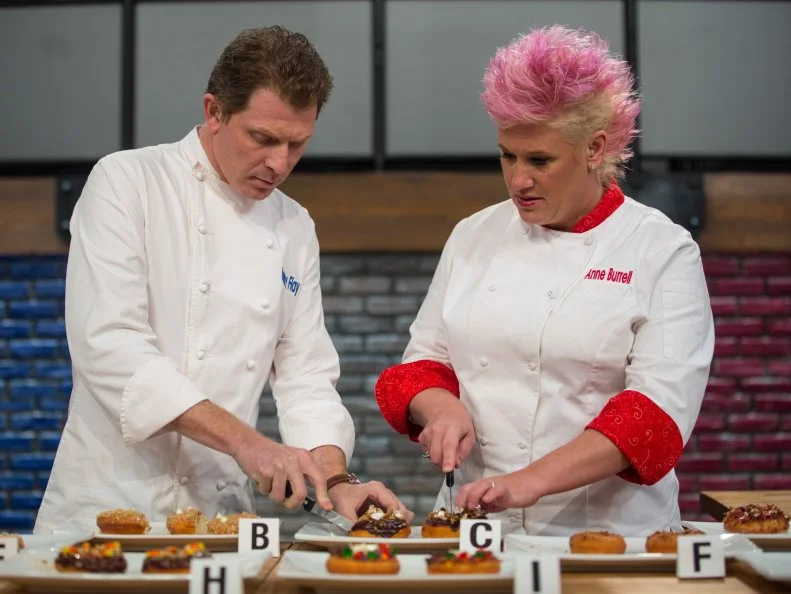Chefs Anne Burrell and Bobby Flay taste the contestants' donuts as seen on Food Network's Worst Cooks in America, Season 5.