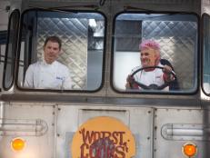Chefs Bobby Flay and Anne Burrell drive in the donut truck for the Donut Challenge as seen on Food Network's Worst Cooks in America, Season 5.